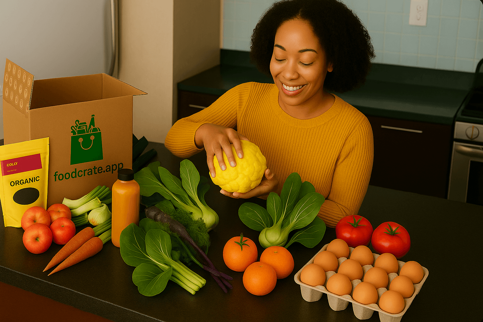 FoodCrate grocery delivery app hero image showing fresh produce and delivery service